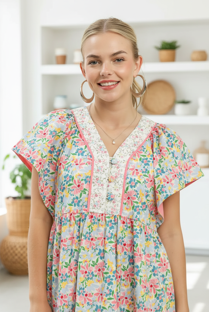 Close-up of blonde model wearing Umgee blue mix floral tiered mini dress showing V-neckline, contrast lace placket, pink trim and ruffle sleeves