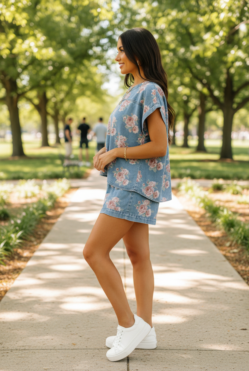 Side profile full body view of brunette woman wearing matching light blue denim floral short sleeve top and ruffle hem shorts set in outdoor setting