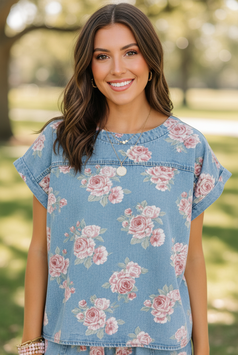 Brunette woman smiling outdoors in light blue denim floral top with all-over pink rose print, round neckline, cuffed sleeves, and topstitching detail