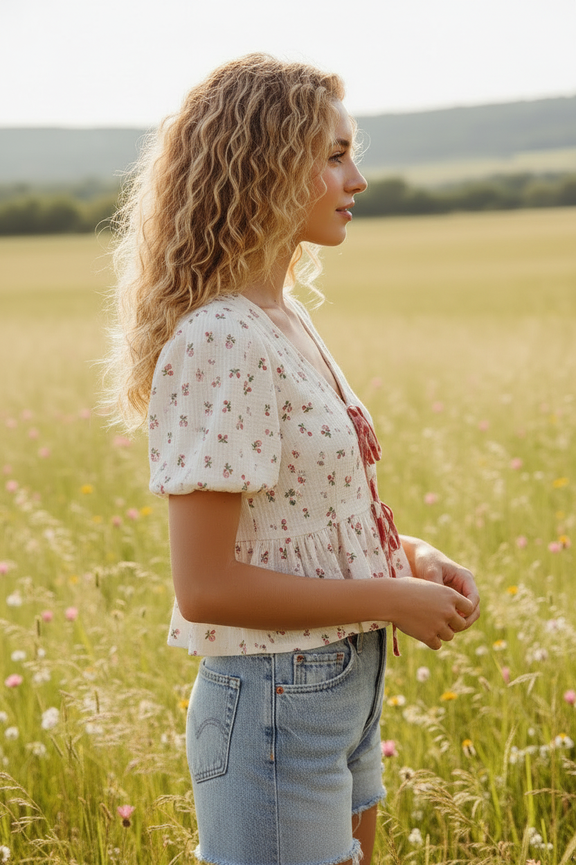 Airy floral gauze blouse with adjustable front ties, soft cotton fabric, and a loose, flattering silhouette for everyday wear