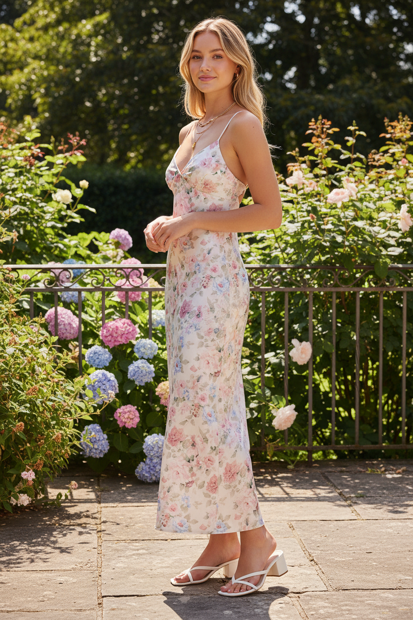Thread Bar Boutique floral maxi dress featuring ivory base, delicate print, and elegant open back detail