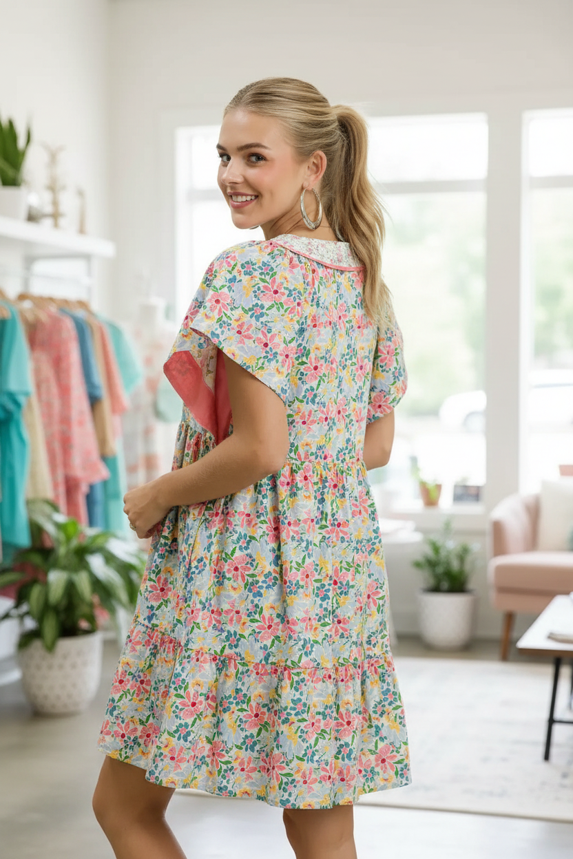 Women’s floral tiered mini dress with V neck and relaxed A line silhouette