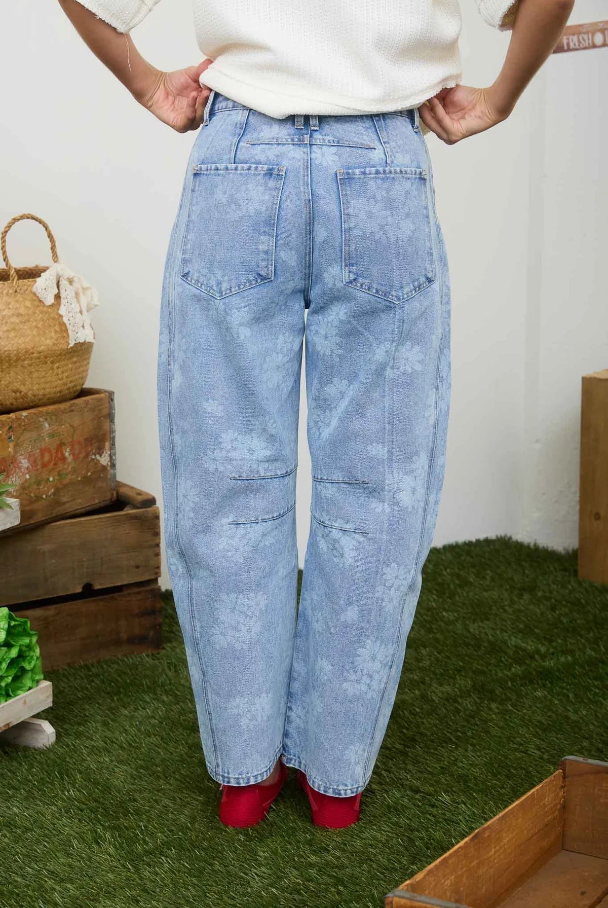 Washed floral denim barrel jeans on-trend women’s style rear view