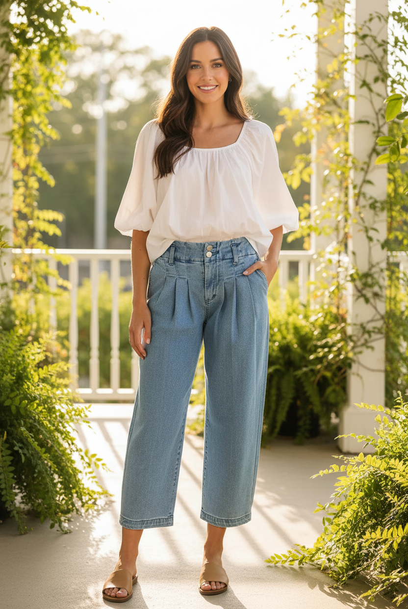 Risen medium wash slouchy crop barrel pleated jeans. Slight stretch, sizes 0–15, tailored pleated detail. Modern vintage denim at Thread Bar Boutique.