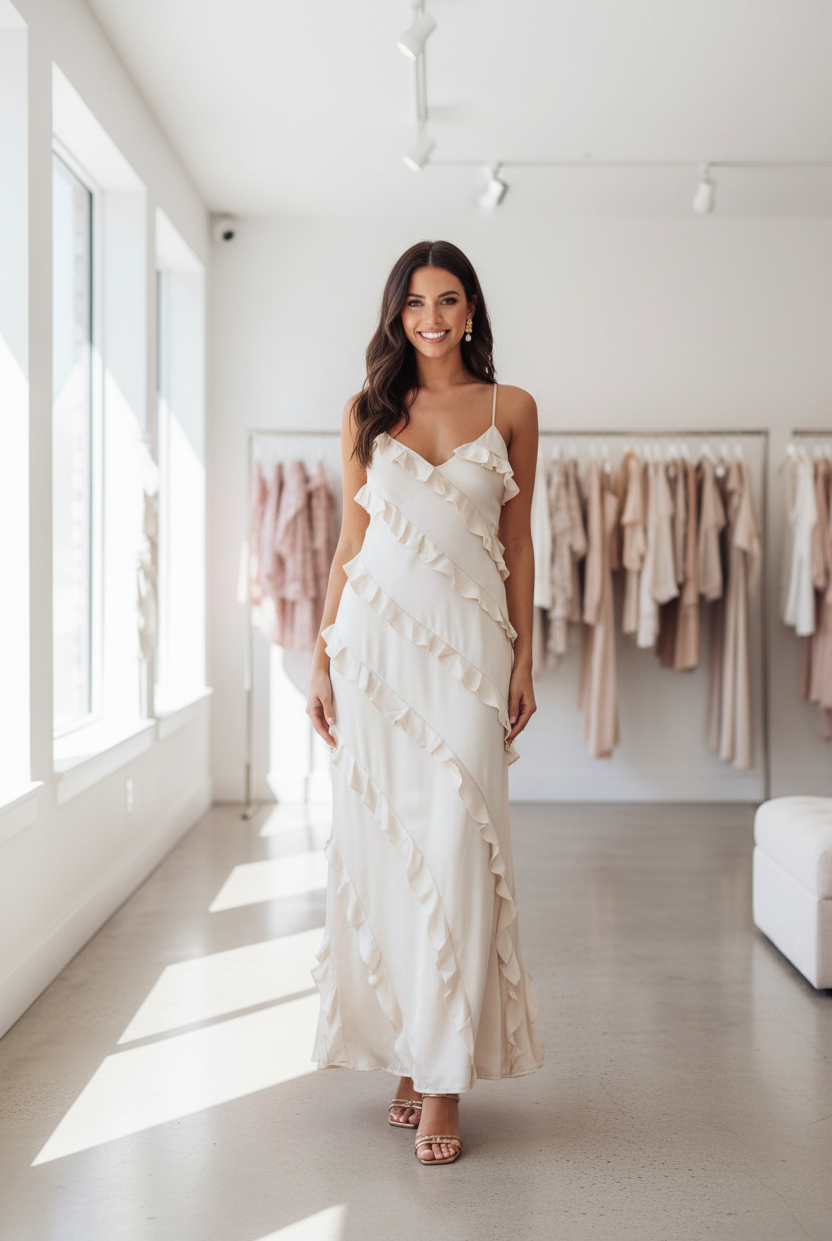 cream Elegant spaghetti strap maxi dress with ruffle detail and lightweight material for effortless styling