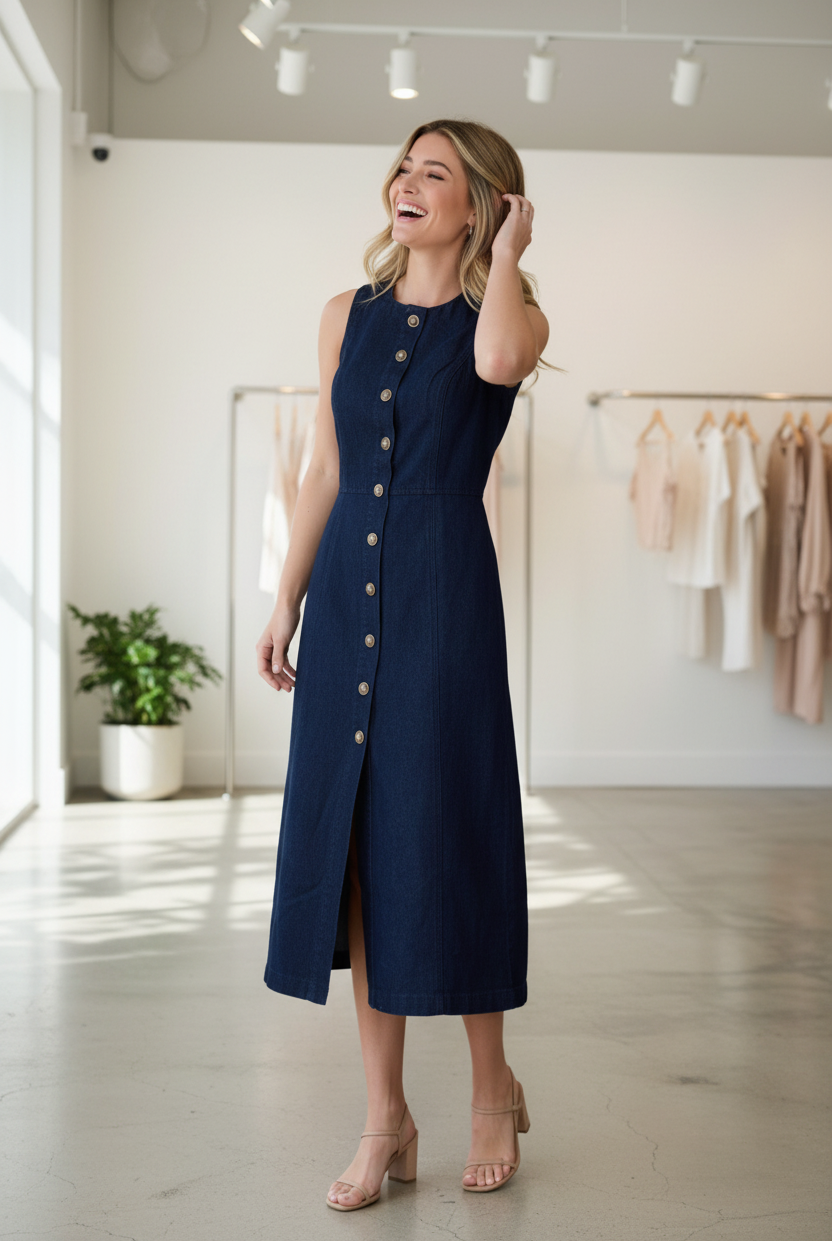 Sleeveless cotton denim dress with button down detail and midi length, flattering and versatile wardrobe staple