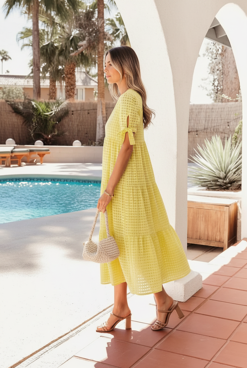 Textured gingham midi dress with tiered design and feminine bow neckline