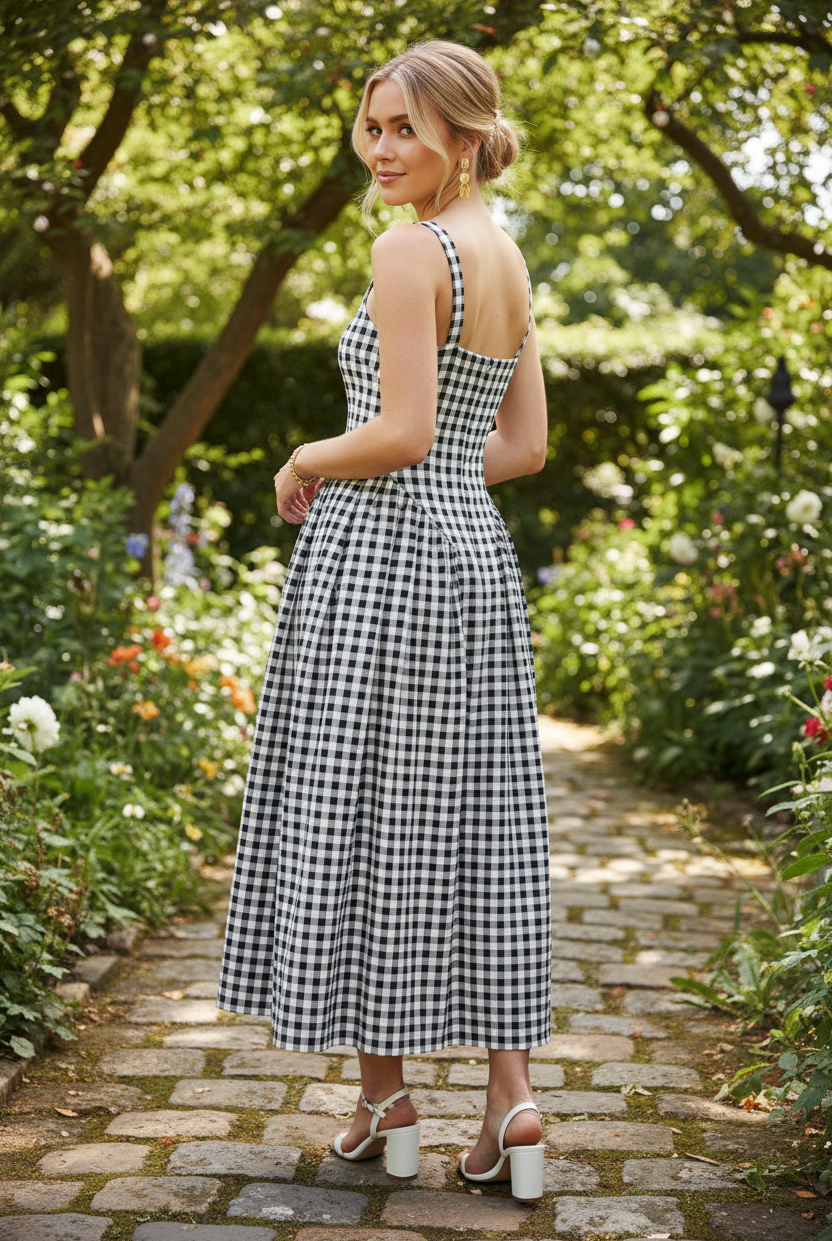 Women’s gingham fit and flare midi dress with fitted bodice and wide straps