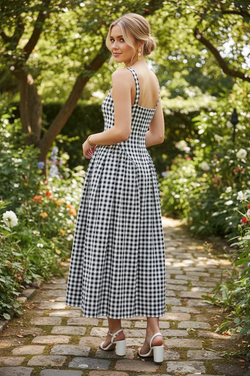 Women’s gingham fit and flare midi dress with fitted bodice and wide straps