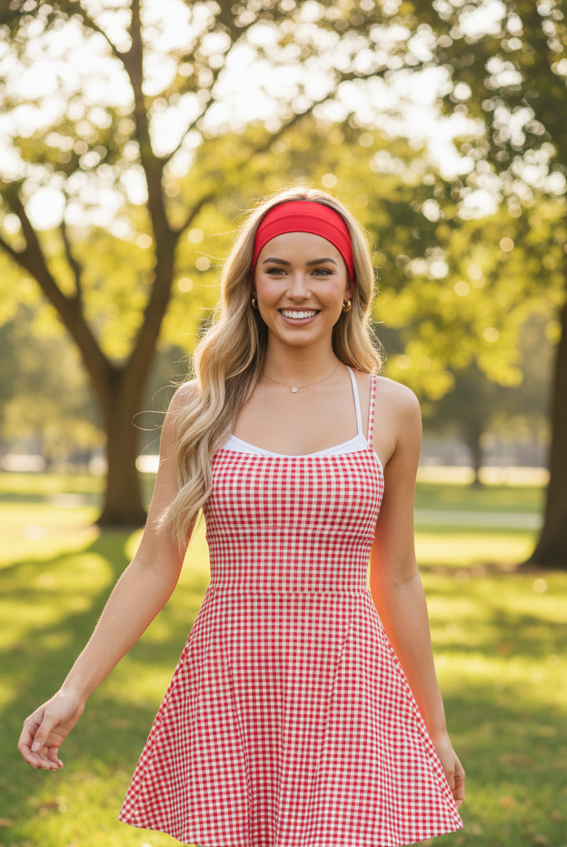 Casual red gingham athletic dress with built in shorts and performance fabric