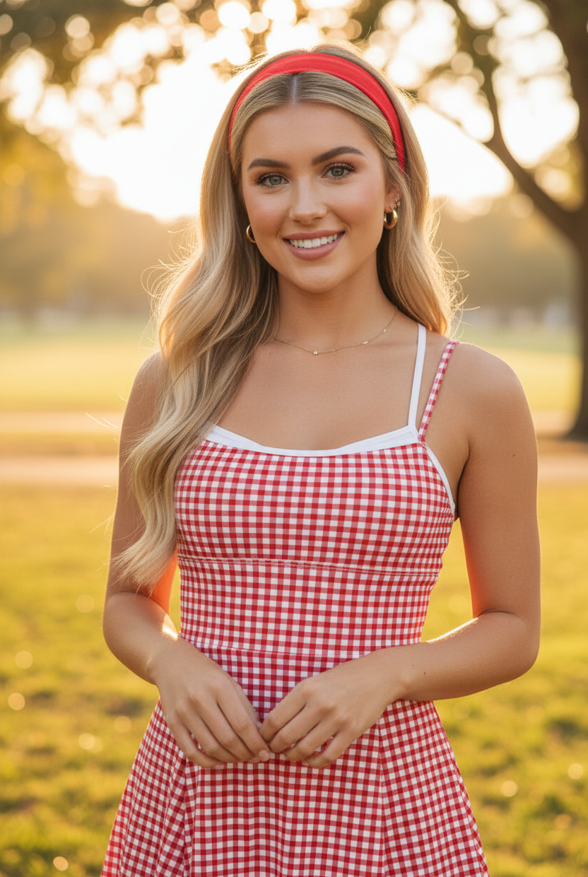 Flowy gingham active romper dress with built in shorts and flexible stretch fit