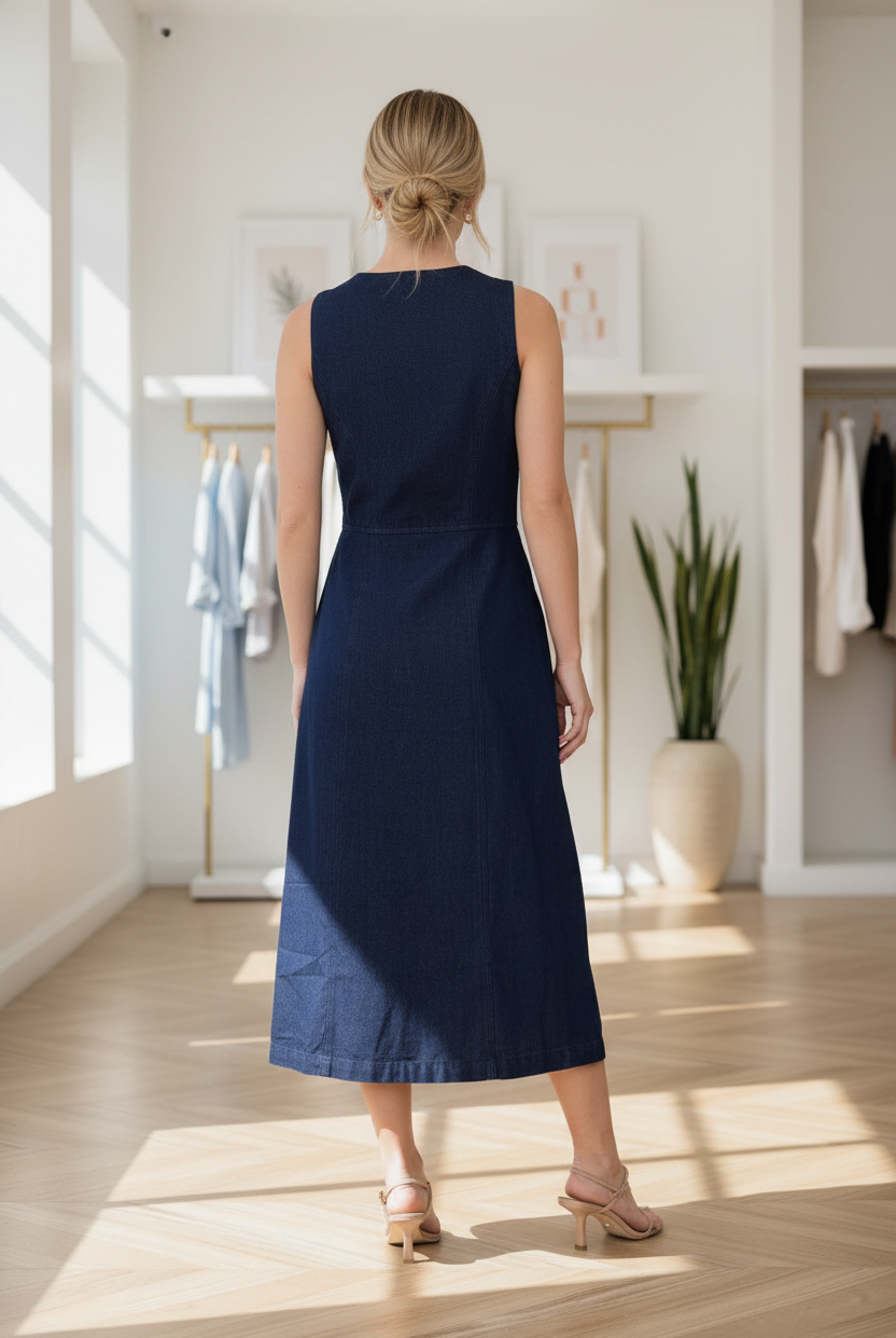 Women’s button front denim midi dress with relaxed fit and sleeveless design, perfect for layering or everyday wear back view