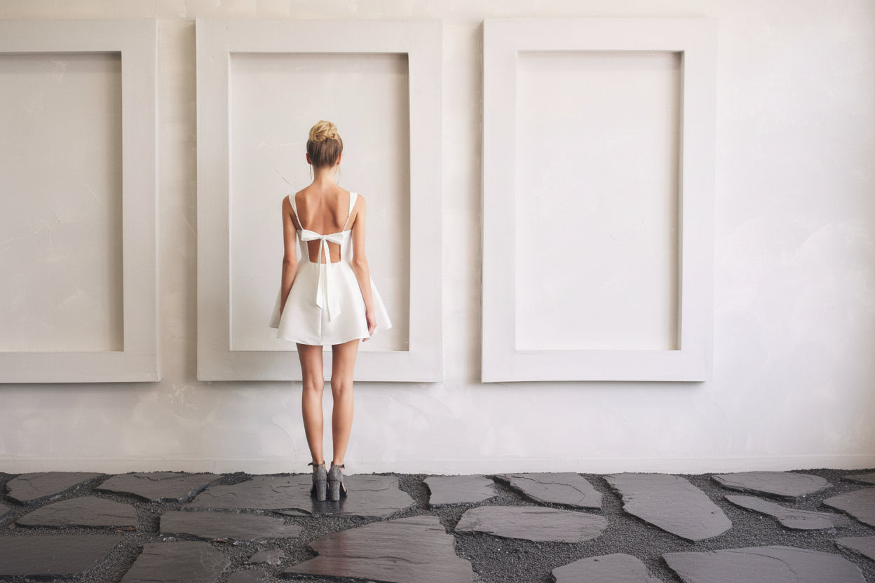 Sleeveless white square neck mini dress with open back tie detail and structured bodice
