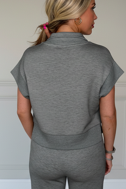 Dark gray half zip polo shirt and relaxed pants matching set