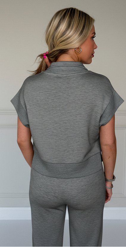 Dark gray half zip polo shirt and relaxed pants matching set