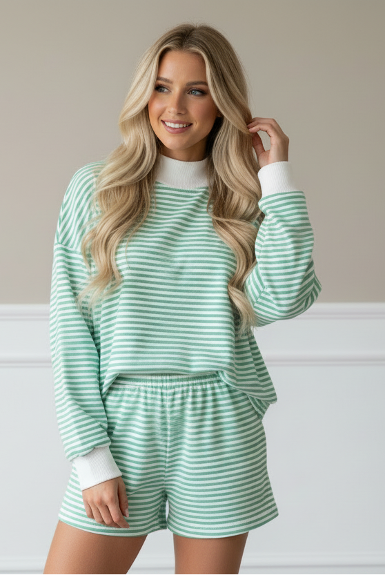 Green striped oversized mock neck sweatshirt and matching shorts two-piece set
