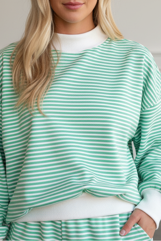 Green stripe two-piece lounge set with oversized mock neck sweatshirt and shorts