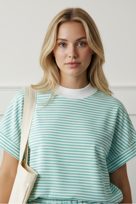 Green stripe casual two-piece set for women with relaxed mock neck tee and shorts from Thread Bar Boutique