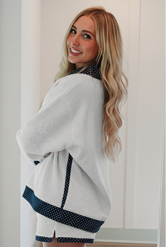 Pearl grey polka dot mock neck pullover and shorts set for women