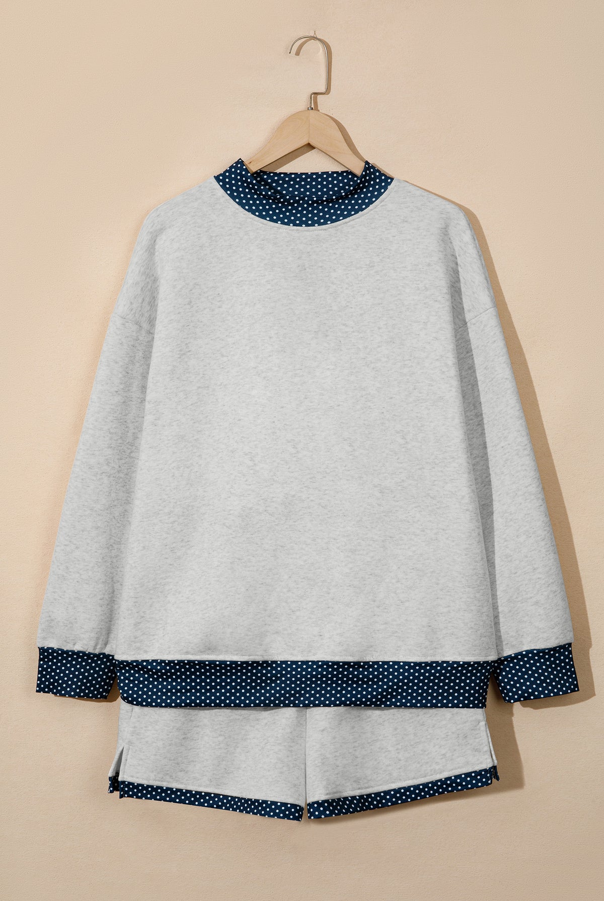 Pearl grey polka dot mock neck pullover and shorts set for women
