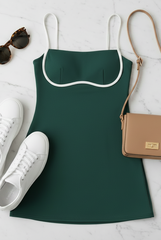 Hunter green contrast trim athletic mini dress with built-in shorts flat lay styled with white fashion sneakers, tortoise shell sunglasses and tan crossbody bag