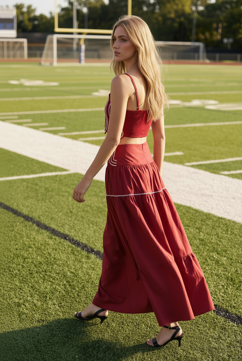Women's game day skirt set with a structured fitted top, lace trim detailing, smocked back band, and coordinating flowing skirt in a bold crimson and white color combination.