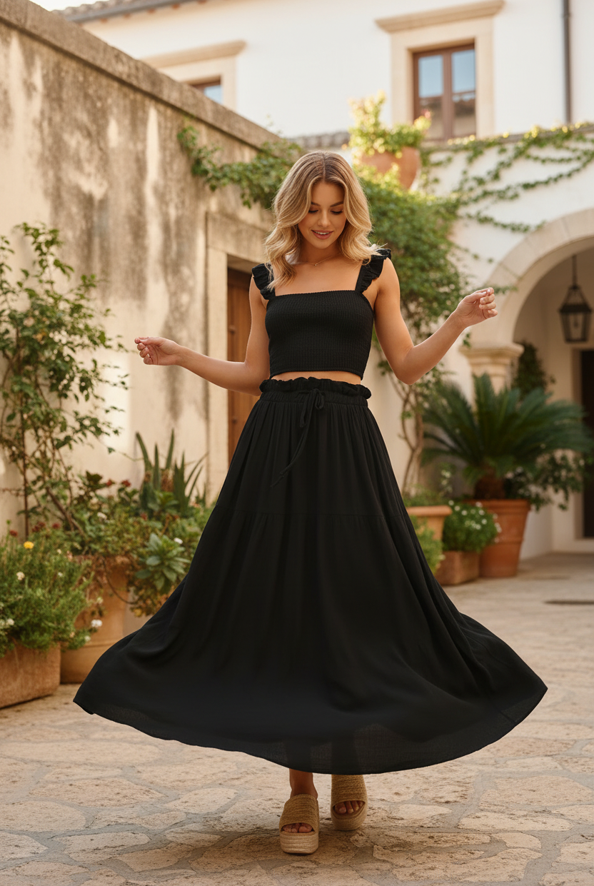 Black smocked ruffle top and maxi skirt two-piece set in motion, skirt swirling, showing lightweight breathable fabric and drawstring waist detail