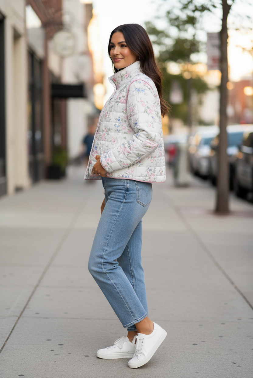 Brunette model side view wearing white floral quilted jacket with light wash jeans and white sneakers on city sidewalk