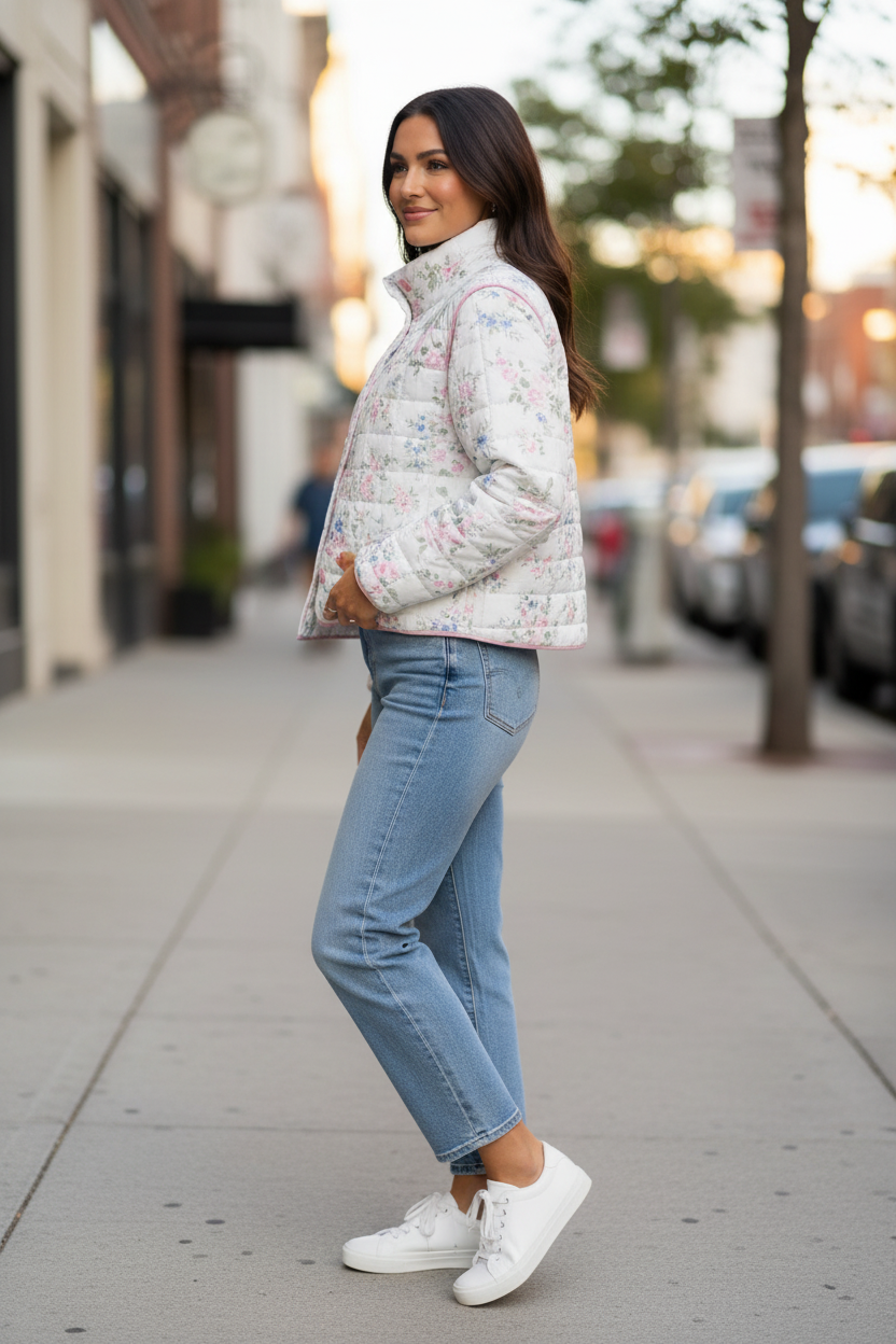 Brunette model side view wearing white floral quilted jacket with light wash jeans and white sneakers on city sidewalk