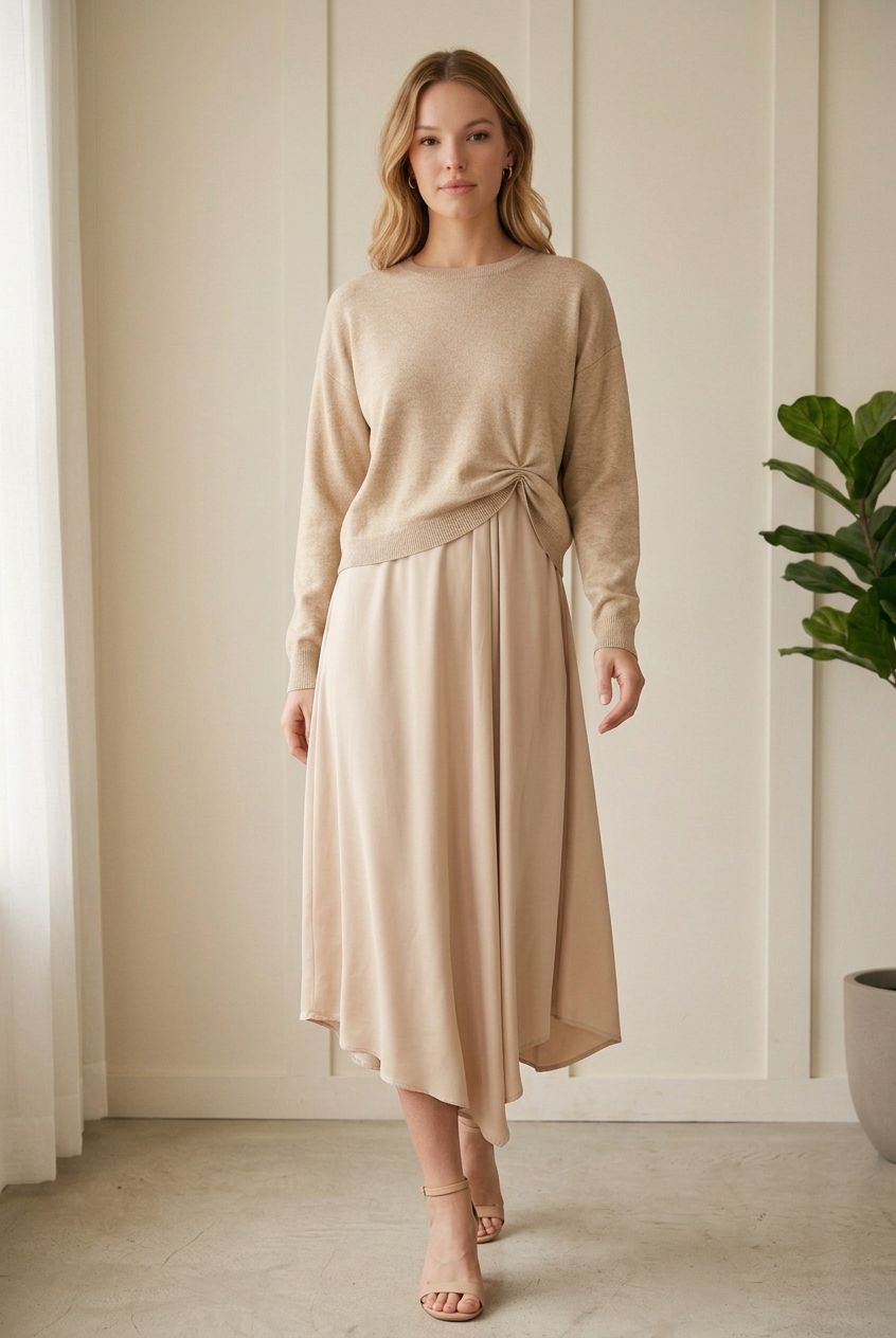 Walking view of the Jodifl champagne midi dress and knotted sweater set showing the draped asymmetrical hem.