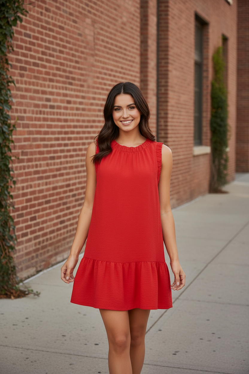 Full body front view of brunette model confidently wearing Umgee tomato red drop waist mini dress with ruffle hem on brick wall sidewalk