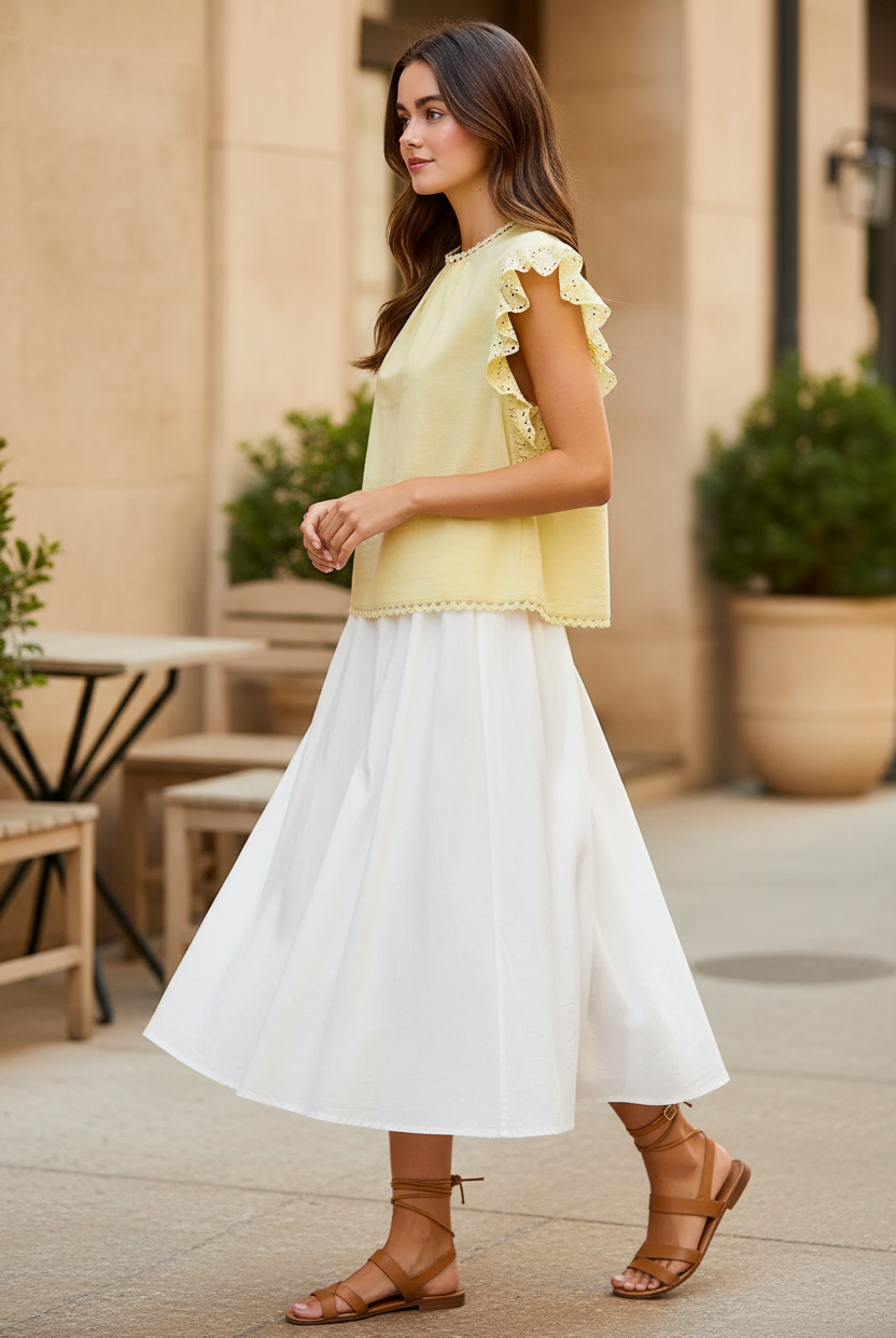 BiBi creamy yellow cotton ruffle eyelet sleeve blouse with lace trim neckline and scalloped hem, styled with a flowy white midi skirt and tan strappy sandals, women's boutique top at Thread Bar Boutique