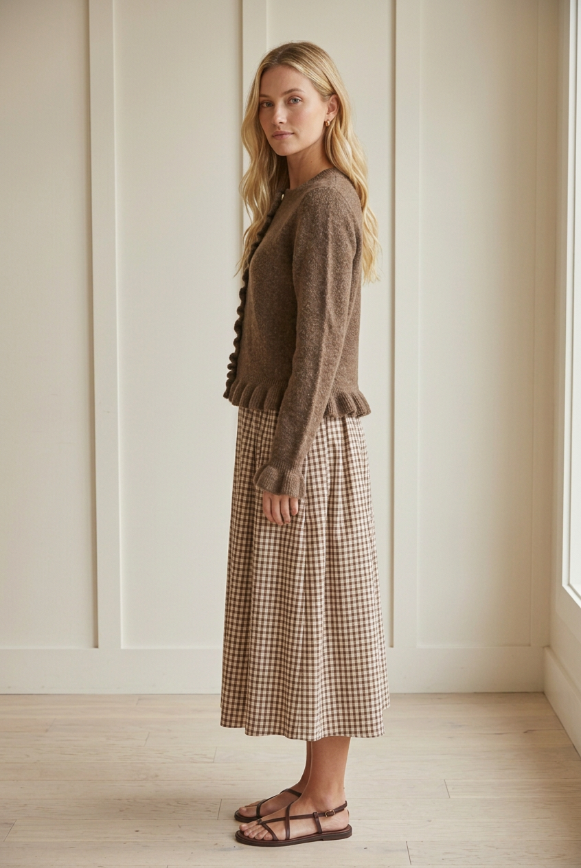 Side view of the brown knit cardigan showing its hip length silhouette, long sleeves, and ruffled cuffs and hem.