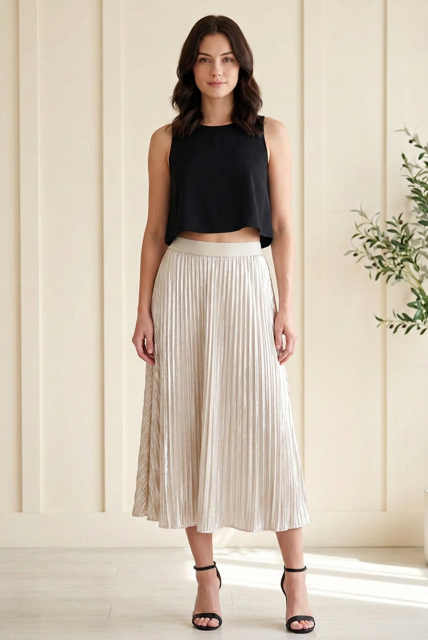 Front view of cream silver metallic pleated midi skirt with a broad elastic waistband and flowing flared silhouette.