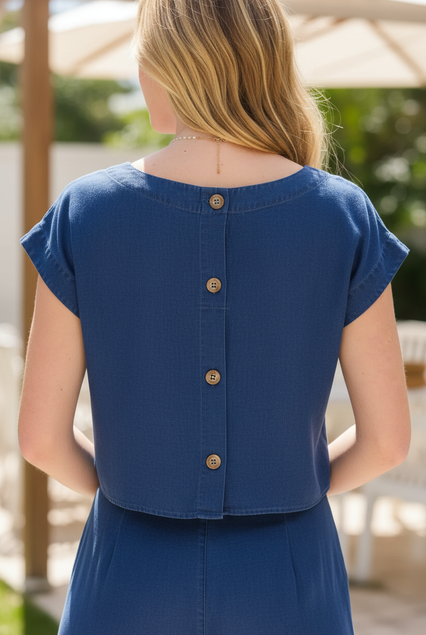 Dark chambray back button crop top - button detail close-up