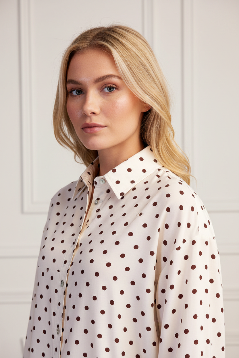 Ivory polka dot oversized shirt upper body close-up showing button placket, collared neckline, and contrast polka dot print detail