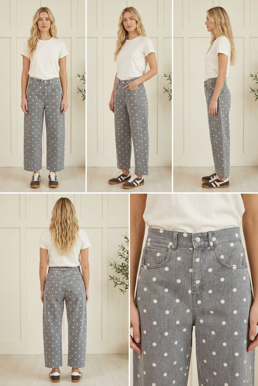 Angled view of charcoal polka dot barrel jeans highlighting the high waist and relaxed curved leg silhouette.