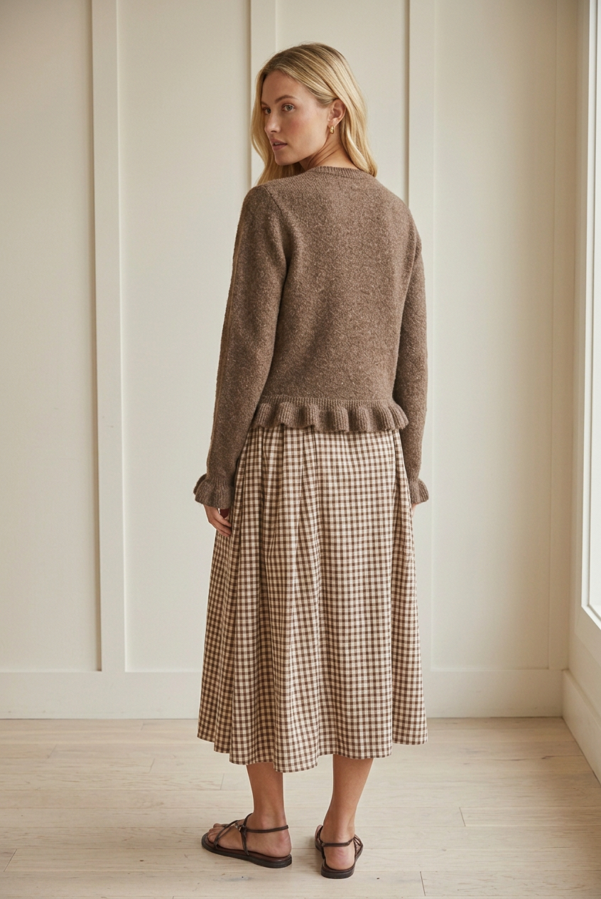 Back view of the Ruffle Edit brown cardigan showing heathered knit texture and a gathered ruffle hem.