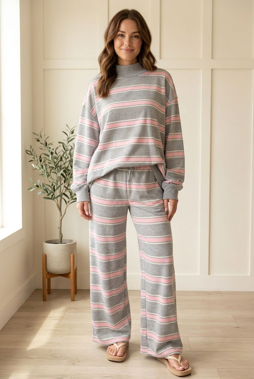 Front view of the Slow Morning lounge set in Pink Stripe with a gray mock neck pullover and matching drawstring wide leg pants.