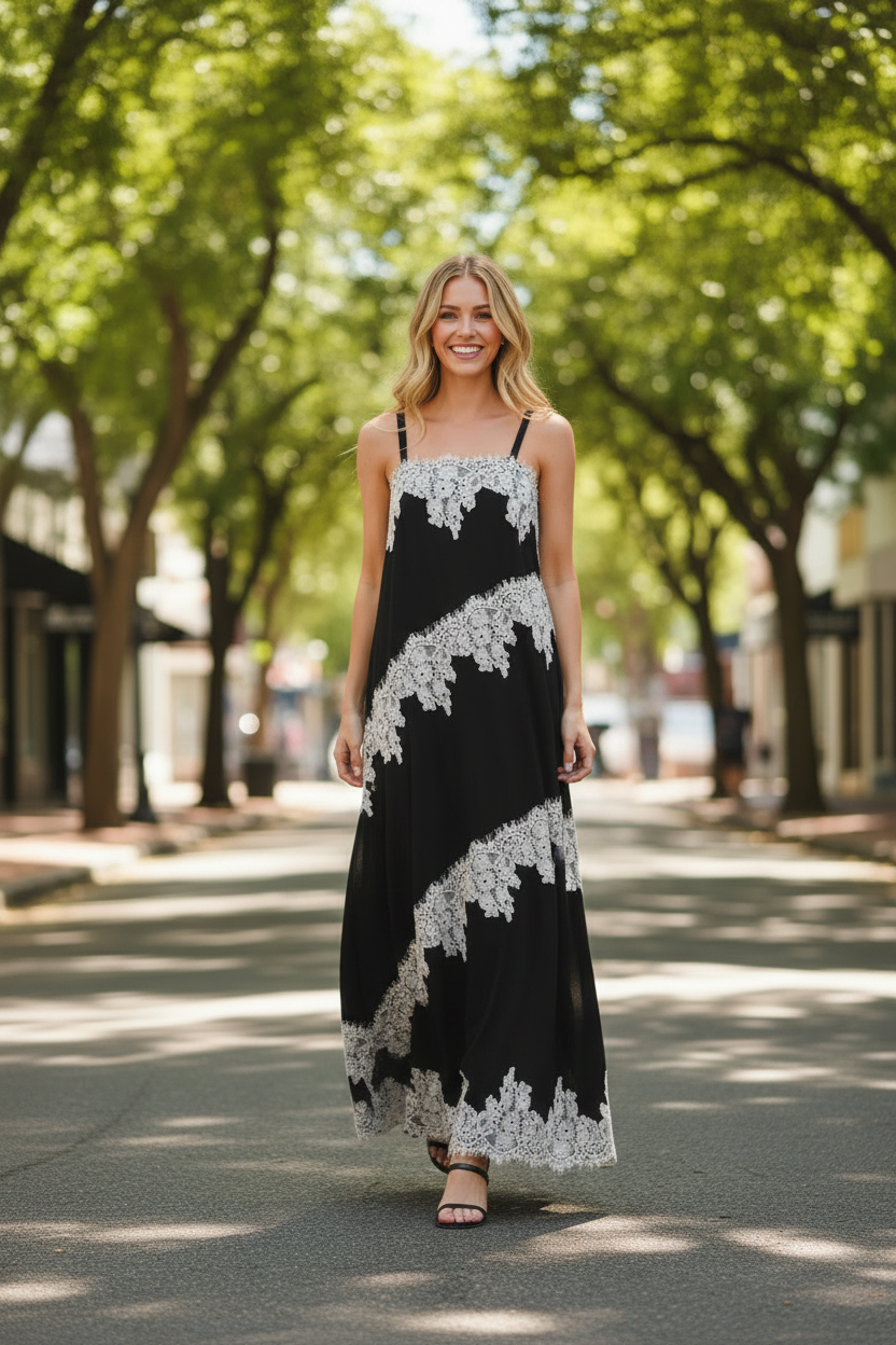 Black lace trim maxi dress full body view - contrast white floral lace appliqué spaghetti strap dress - Thread Bar Boutique