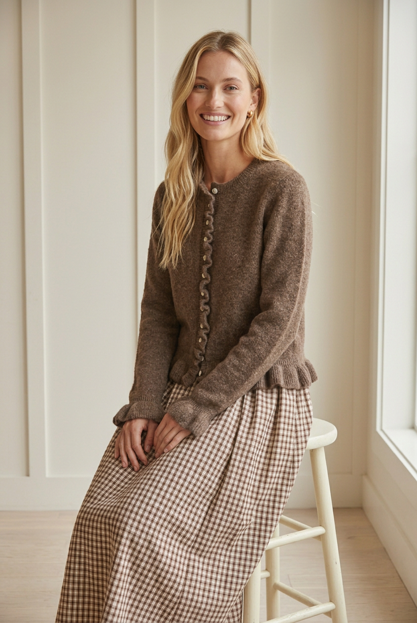 Seated smiling model in the brown Ruffle Edit cardigan, showing textured knit, a ribbed crew neckline, and wavy ruffle button placket.