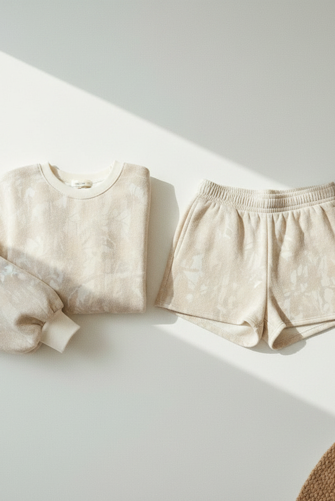 Flat lay of a cream and beige camo print matching loungewear set — oversized french terry crewneck sweatshirt with balloon sleeves and matching mini shorts with elastic waistband, styled on a white surface