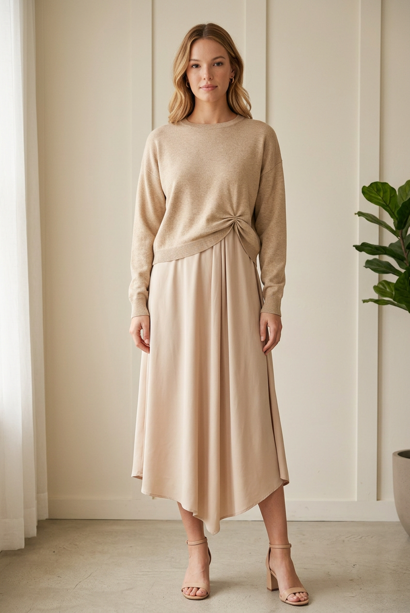 Jodifl champagne knotted sweater and sleeveless midi dress set with front pleat detail and asymmetrical hem, front view.
