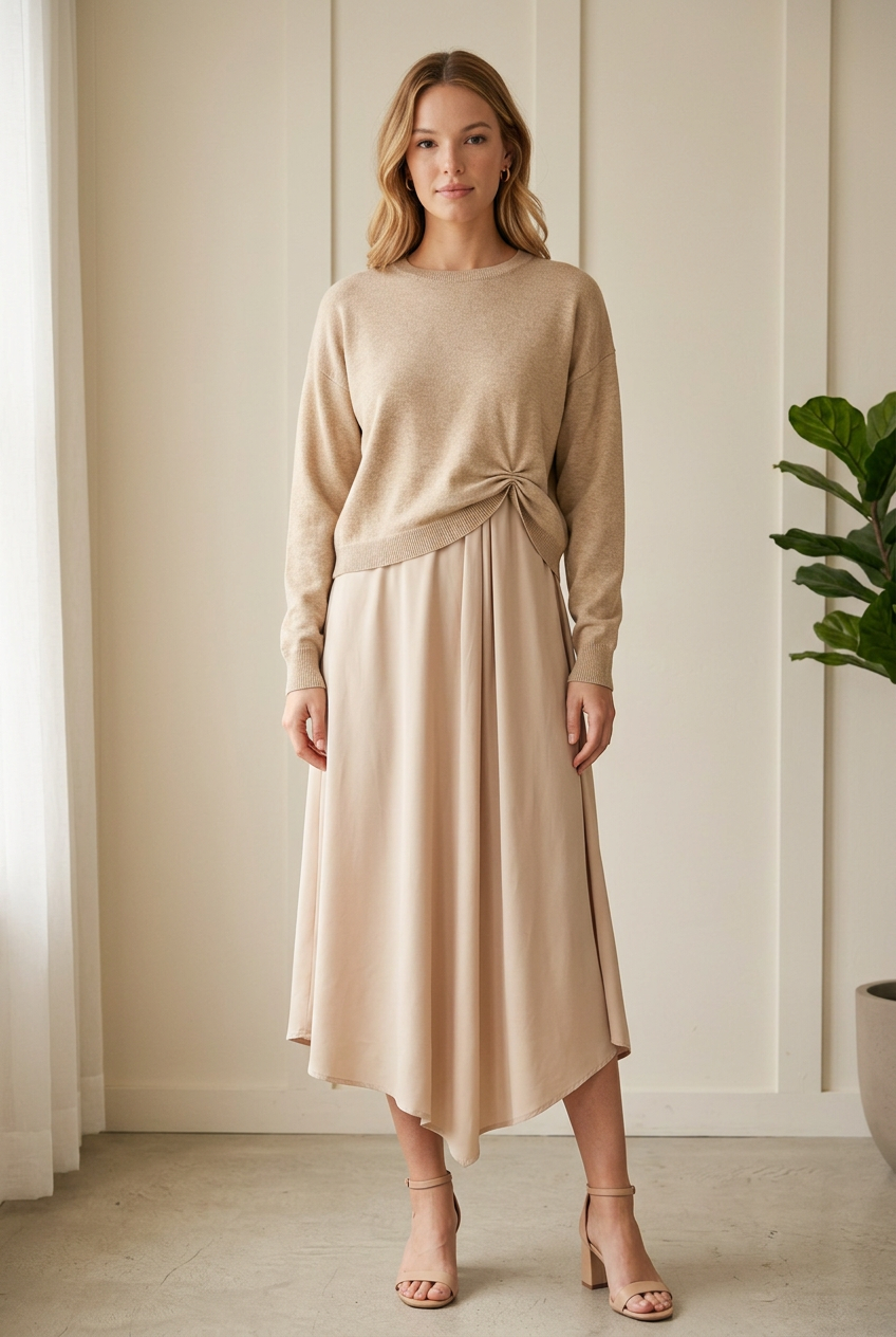 Jodifl champagne knotted sweater and sleeveless midi dress set with front pleat detail and asymmetrical hem, front view.