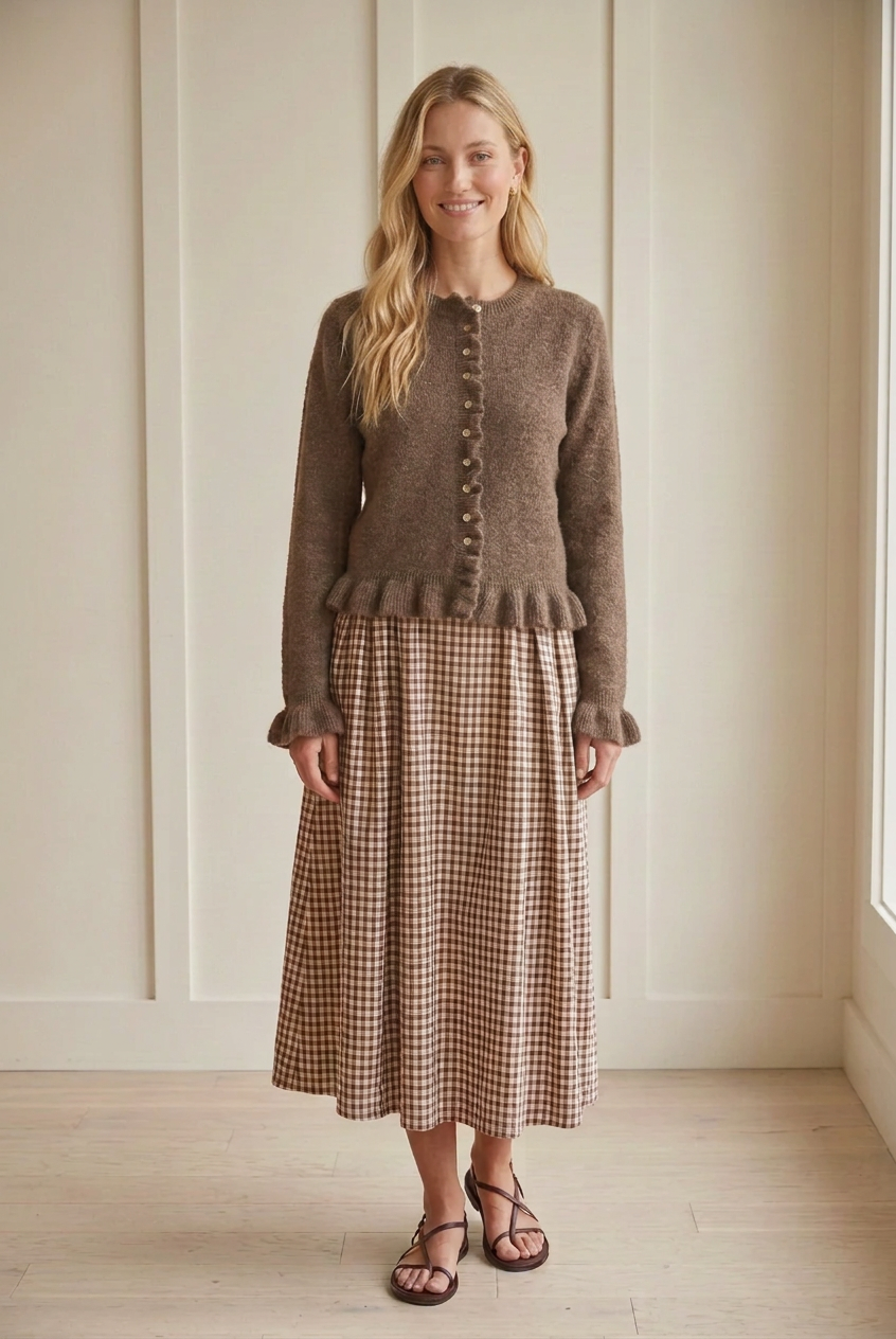 Brown button front cardigan with wavy ruffle trim along the placket, long sleeves, and a gathered ruffle hem.