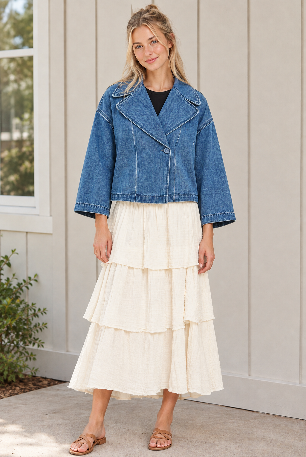Front view of a buttoned blue cropped denim jacket with wide lapels and relaxed sleeves, worn with an ivory tiered skirt and tan sandals.