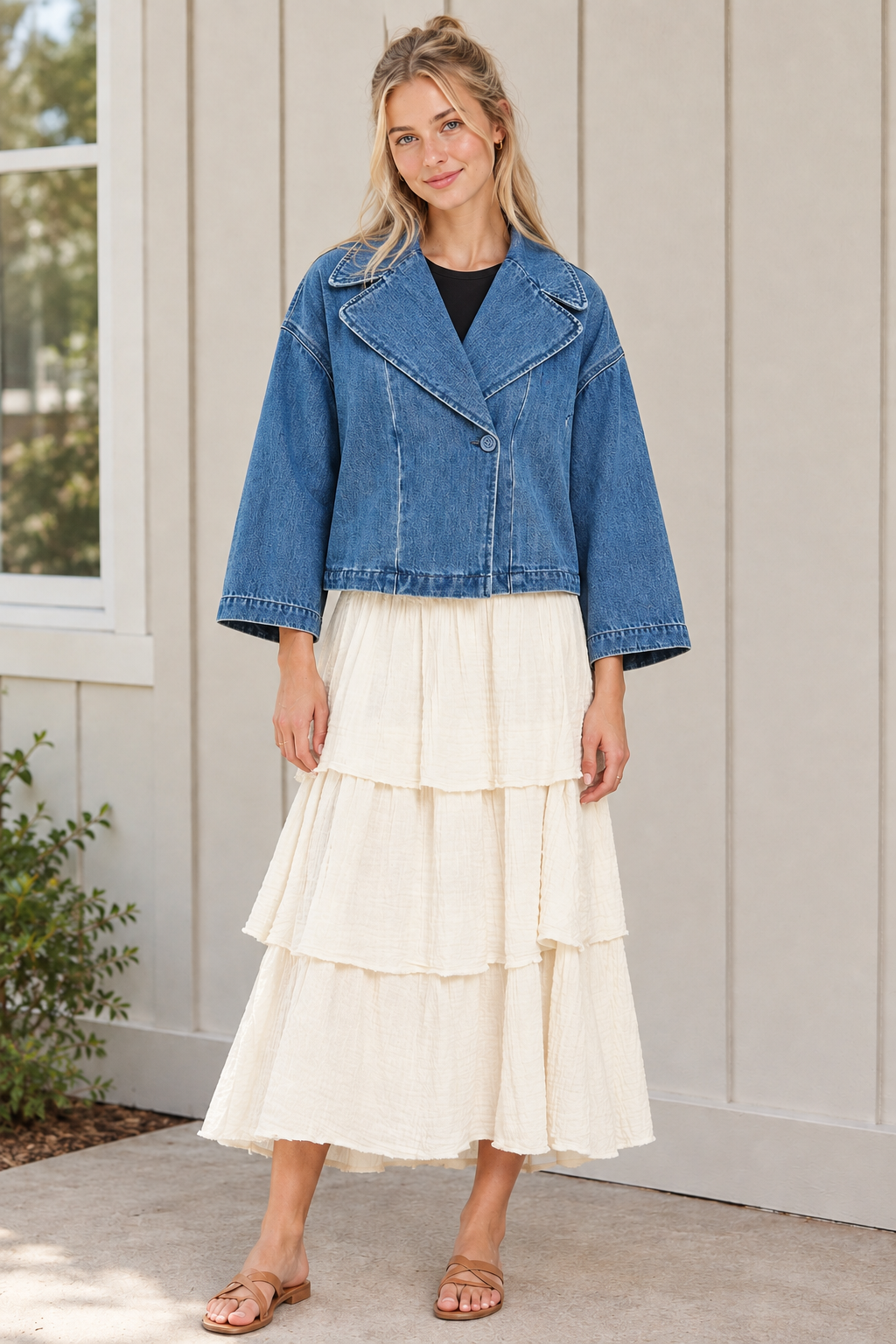 Front view of a buttoned blue cropped denim jacket with wide lapels and relaxed sleeves, worn with an ivory tiered skirt and tan sandals.