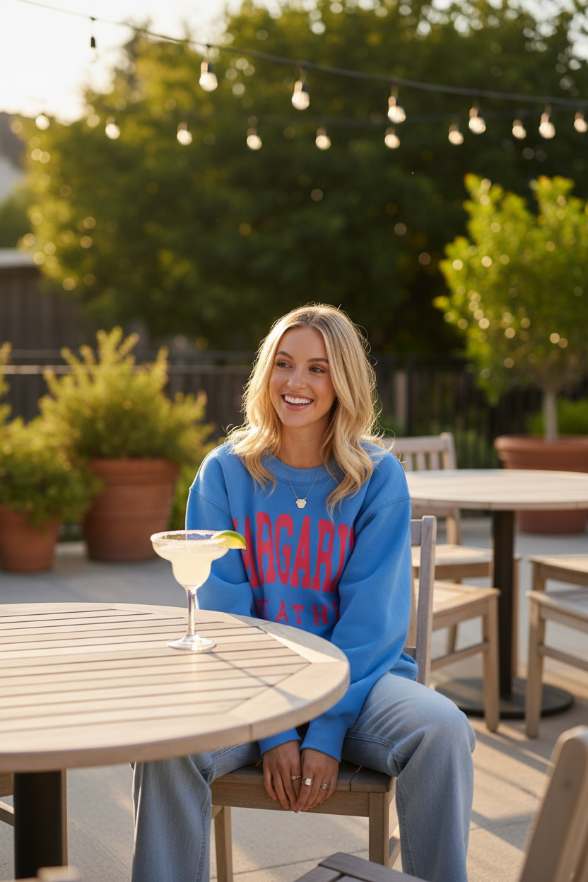 Margarita Weather Sweatshirt - Seated at Patio Table