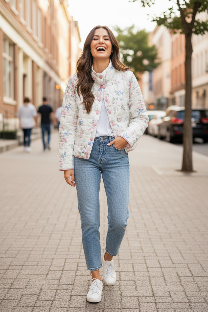 Brunette model standing laughing wearing white floral quilted jacket open over white tee with light wash jeans