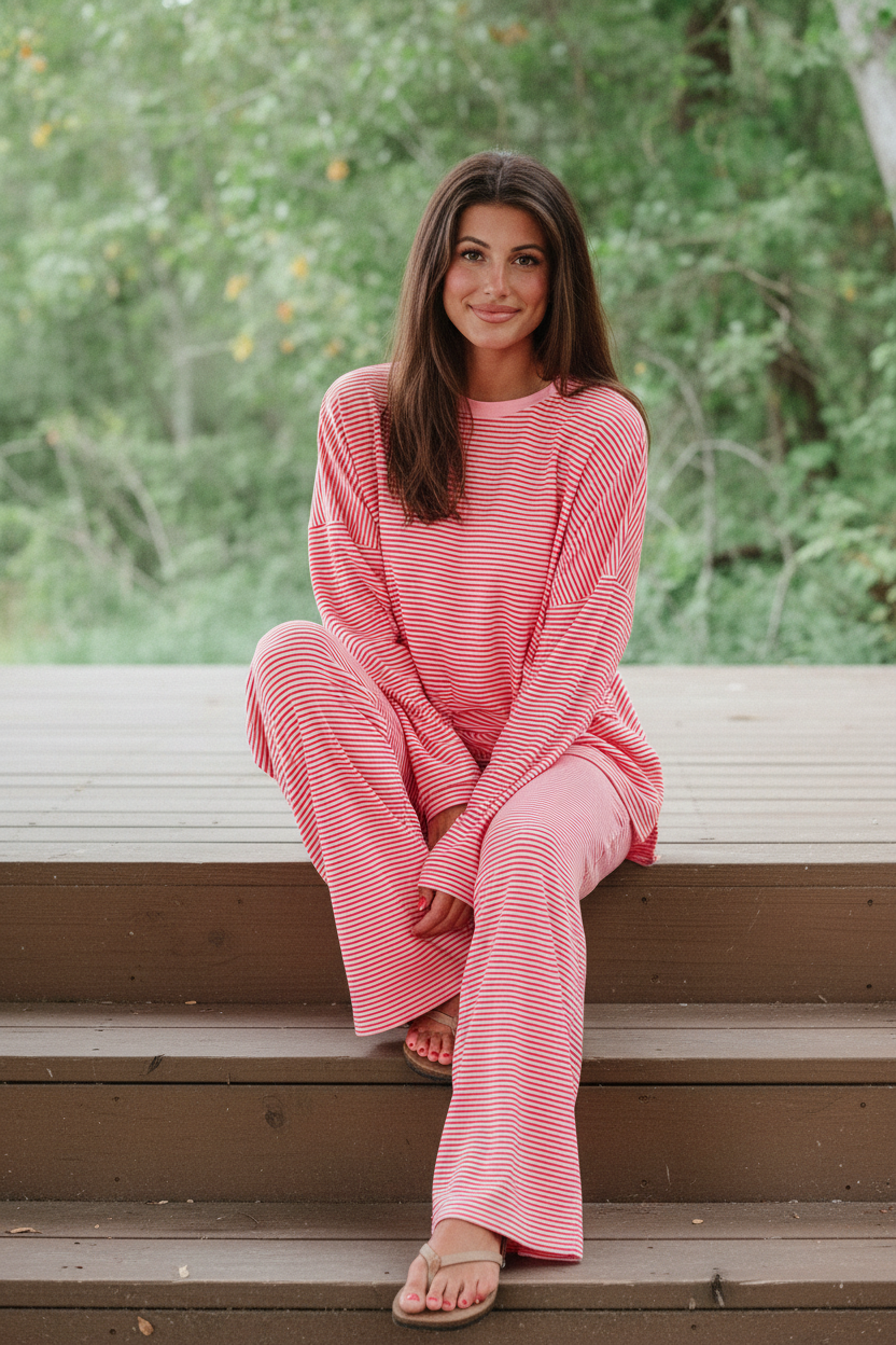 Model wearing red white stripe oversized drop shoulder pullover and wide-leg pants - sitting relaxed on outdoor deck